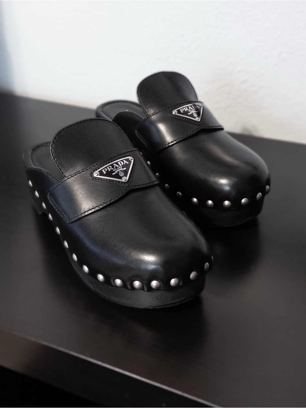 PRADA Mules Clogs Black Leather Studded Platform, Size 7 / EU 38 - Picture 7 of 13